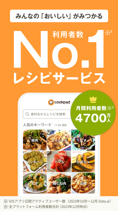 「クックパッド -No.1料理レシピ検索アプリ」のスクリーンショット 1枚目
