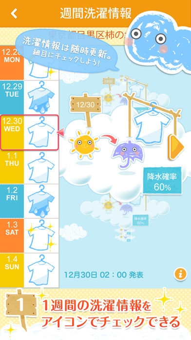 「天気予報アプリ：洗濯予報 - 週間天気予報から洗濯指数まで無料でお伝え。」のスクリーンショット 2枚目