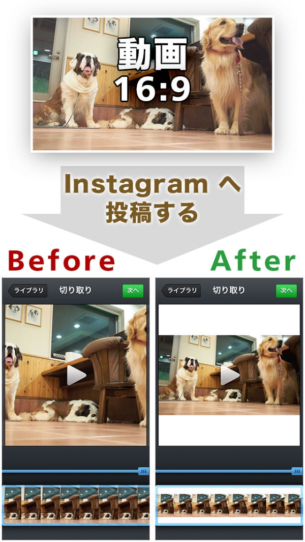 「正方形どん - 長方形の動画を Instagram 用に簡単変換」のスクリーンショット 1枚目