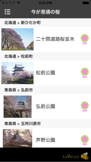 「日本の桜100選 2014：全国のサクラ名所の写真・地図・見所・見頃・開花状況をお届け！」のスクリーンショット 2枚目