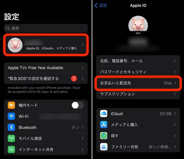 iOSでの支払い方法変更手順1