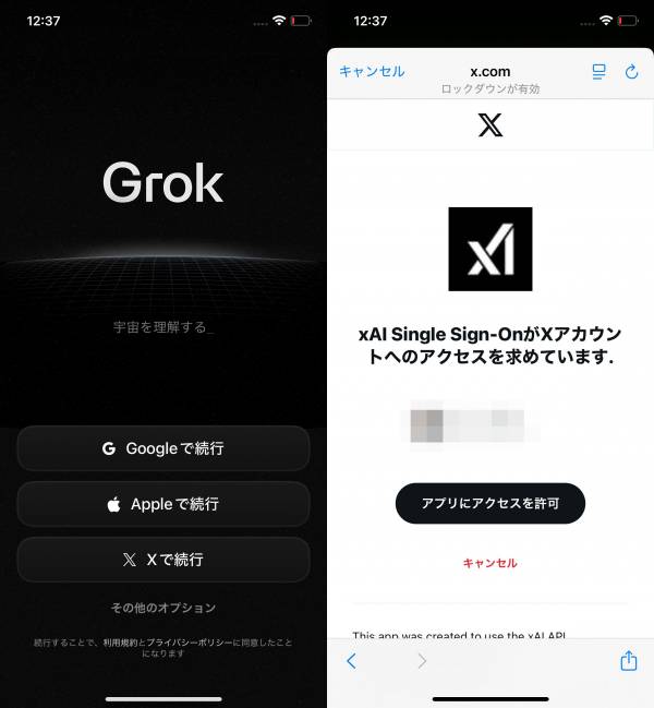 Grok ログイン画面