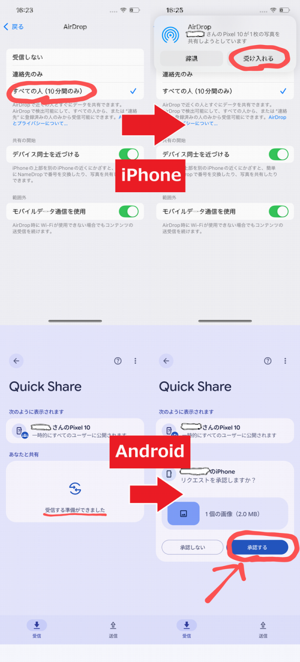 受信を承諾する画面