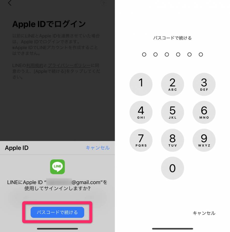 LINE Apple IDのパスコード入力画面