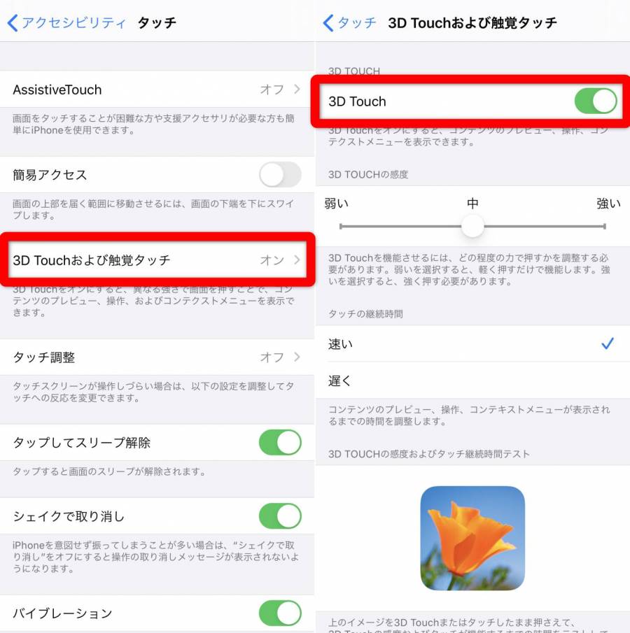 iPhone タッチ設定画面