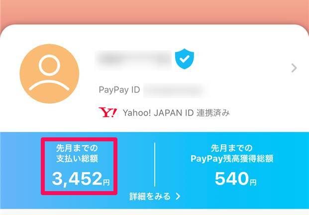 PayPay 青いバッジが付いたアカウント画面。支払総額3.452円