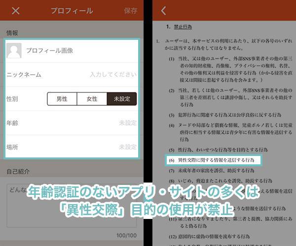 とある年齢認証のないアプリでは、「異性の交際に関する情報を送信する行為」禁止行為となっている