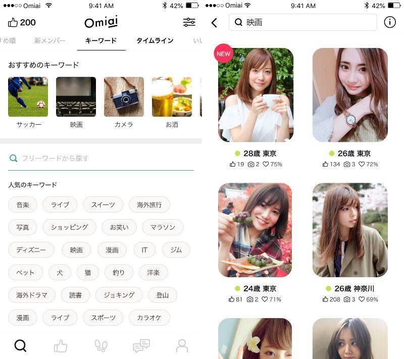 プロフィールに付けられた趣味の「タグ」で相手を探せるキーワード検索