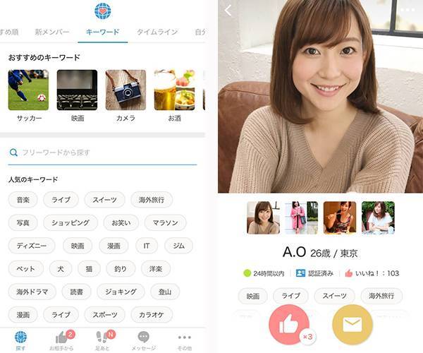 プロフィールに付けられた趣味の「タグ」で相手を探せるキーワード検索