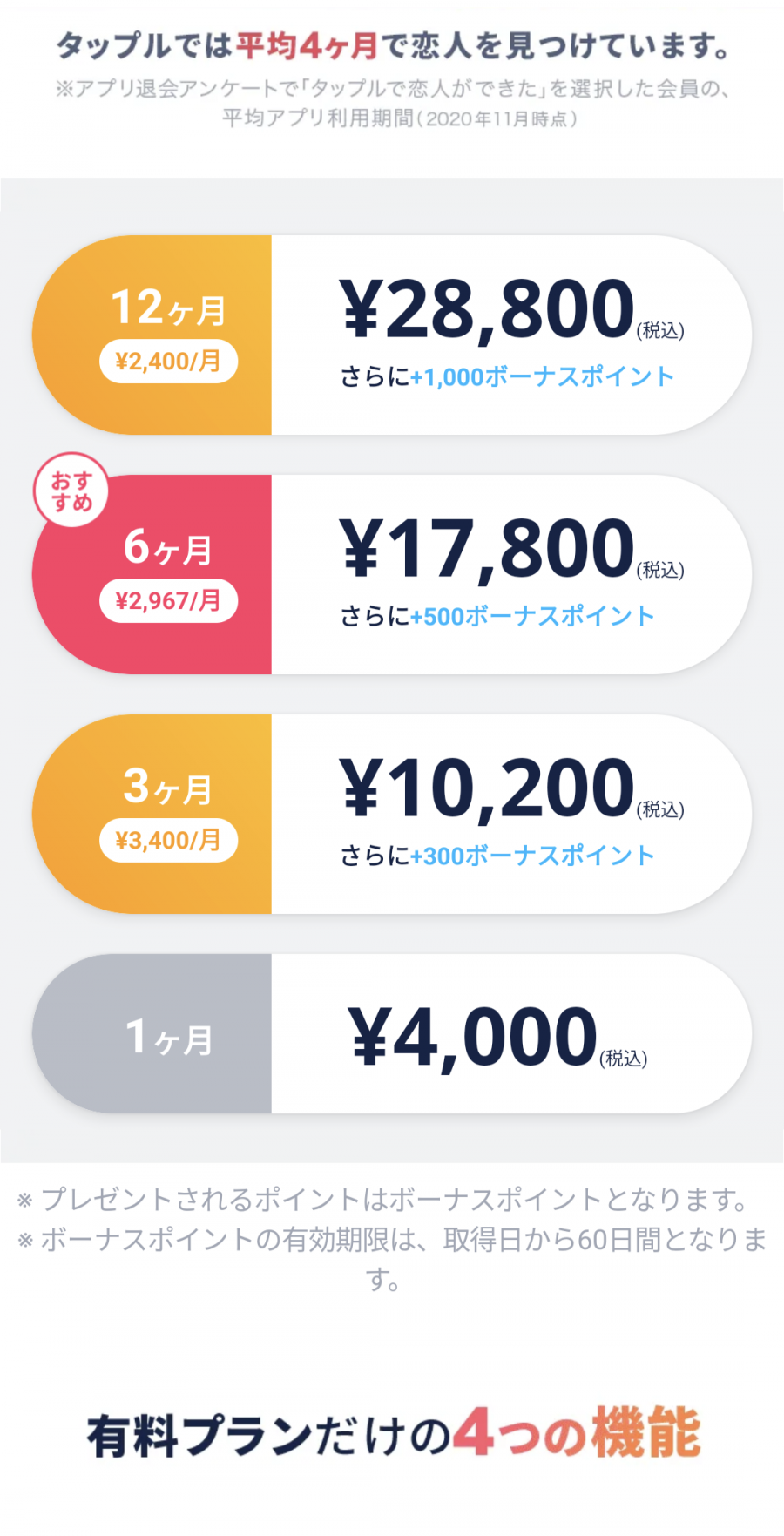 「タップル」アプリ 料金プラン選択画面