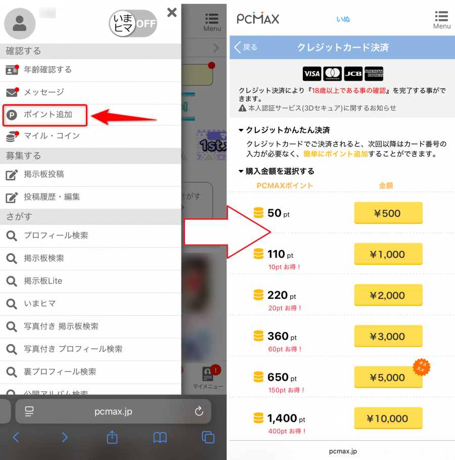 「ポイント追加」ボタンと購入画面