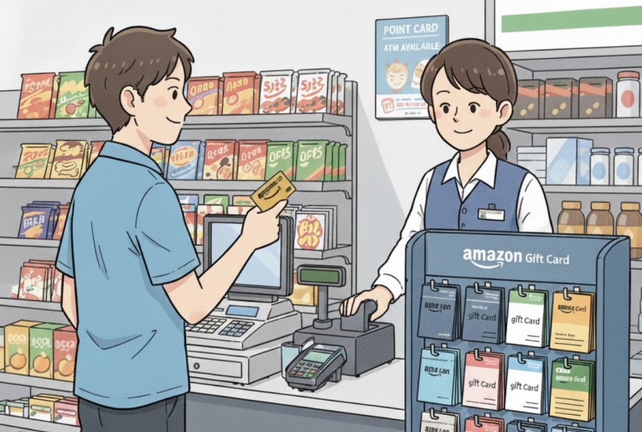 Amazonギフトカード　コンビニで買っている様子を描いたイラスト