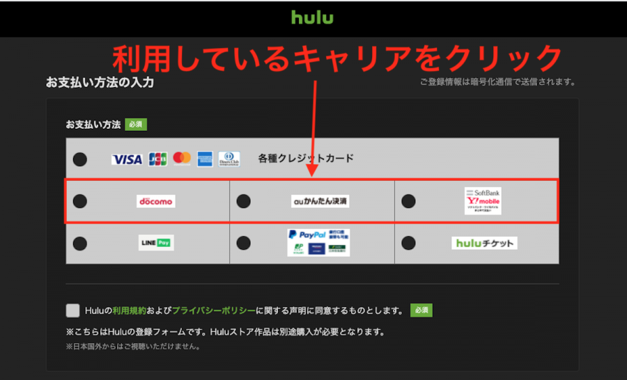 Huluの支払い選択画面