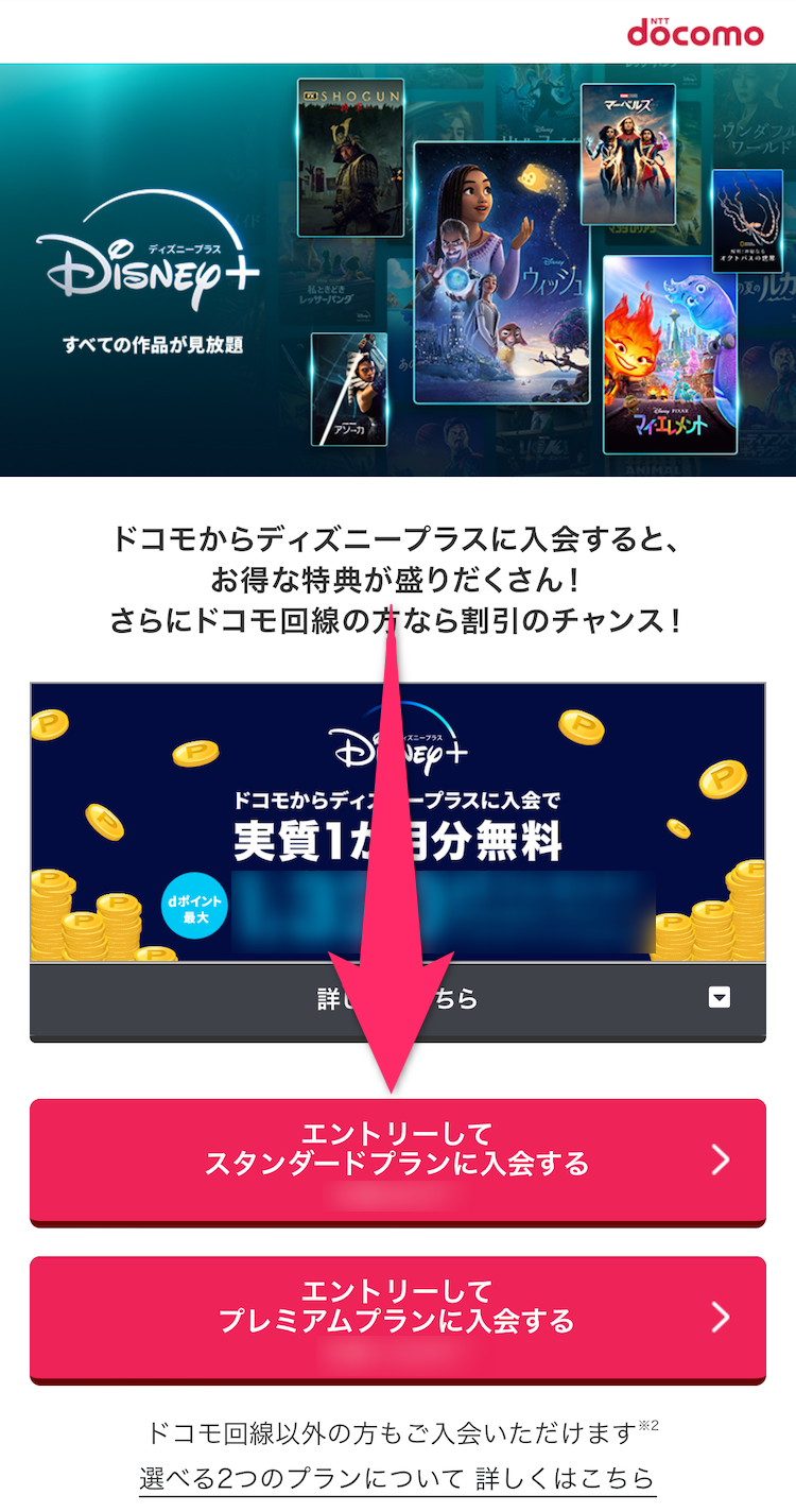 ドコモ経由ディズニープラス申込画面のトップ画像