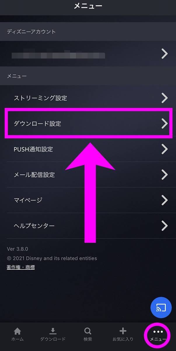 「ディズニープラス」の設定画面