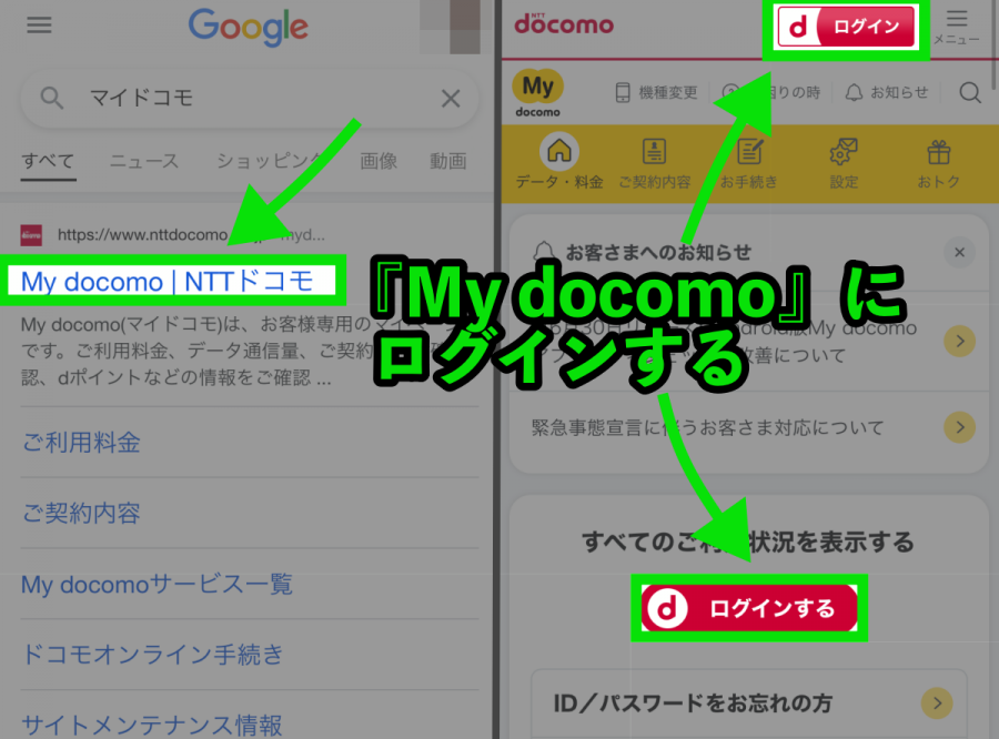 「My docomo」へのアクセス画面
