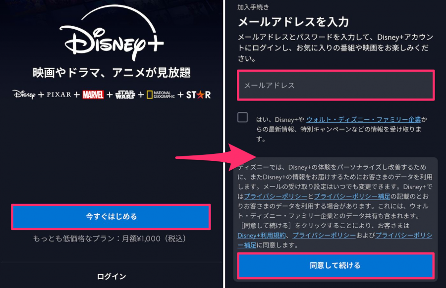Disney+アプリからの登録イメージ