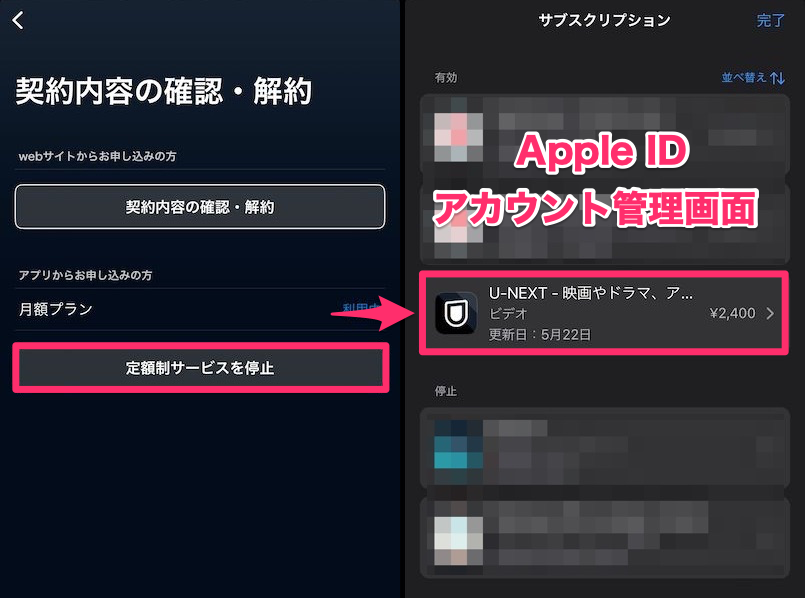 iOS版U-NEXTアプリ契約内容の確認・解約ページと、Apple IDアカウント管理画面の画像