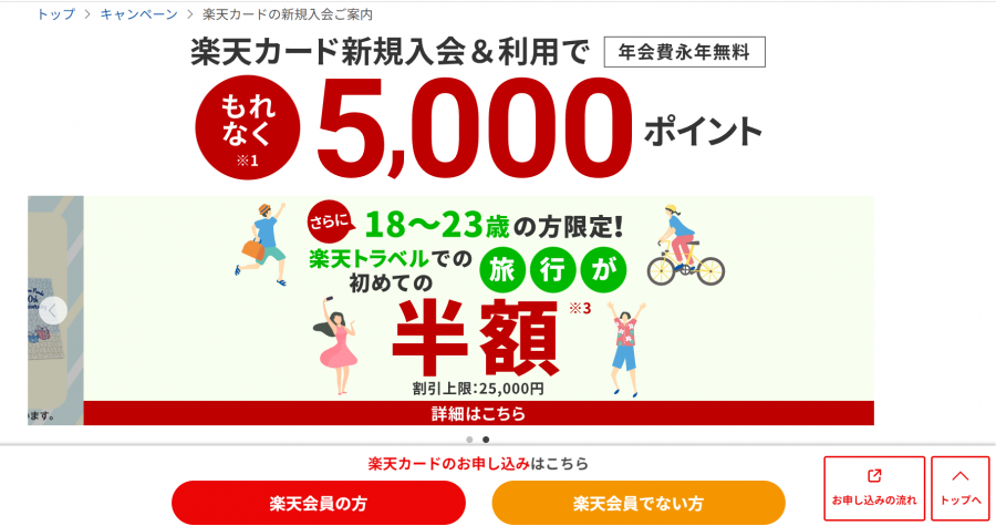 楽天カード新規入会＆利用で5,000ポイントプレゼントキャンペーンの画面