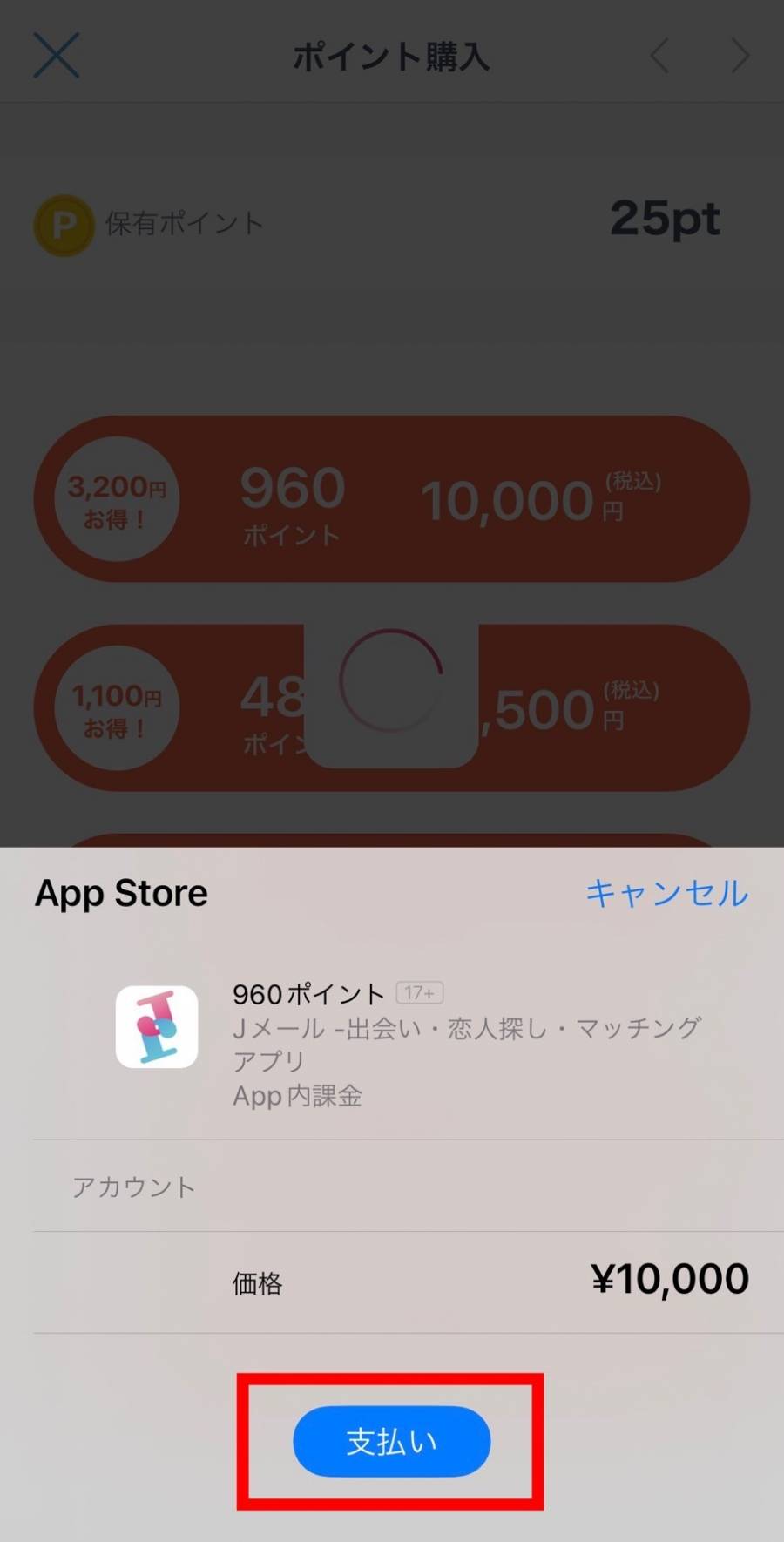 スマホ版『Jメール』Apple IDで購入する画面