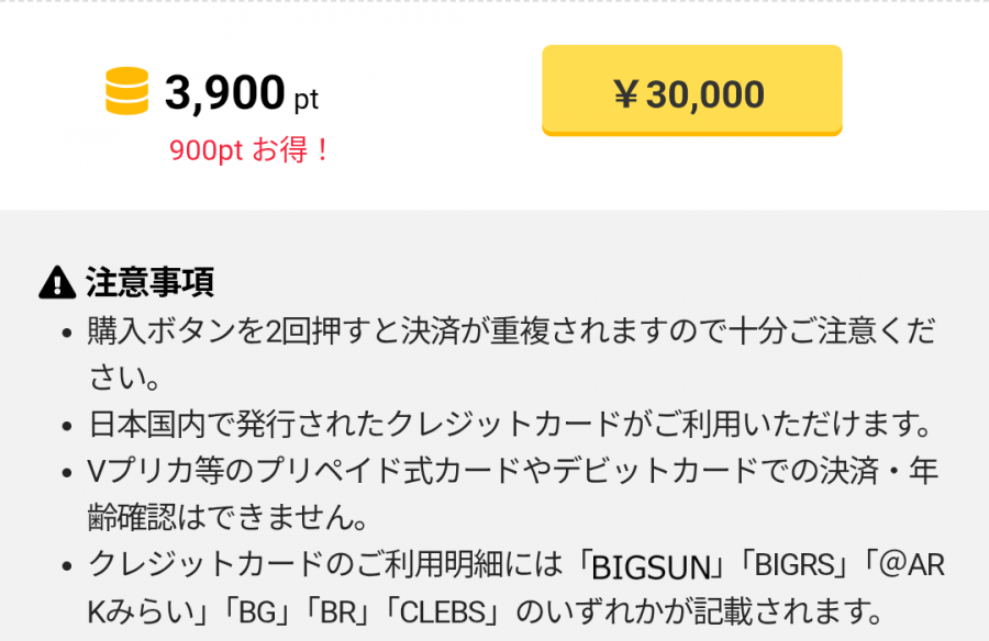 『PCMAX』 クレジットカードでのポイント購入画面