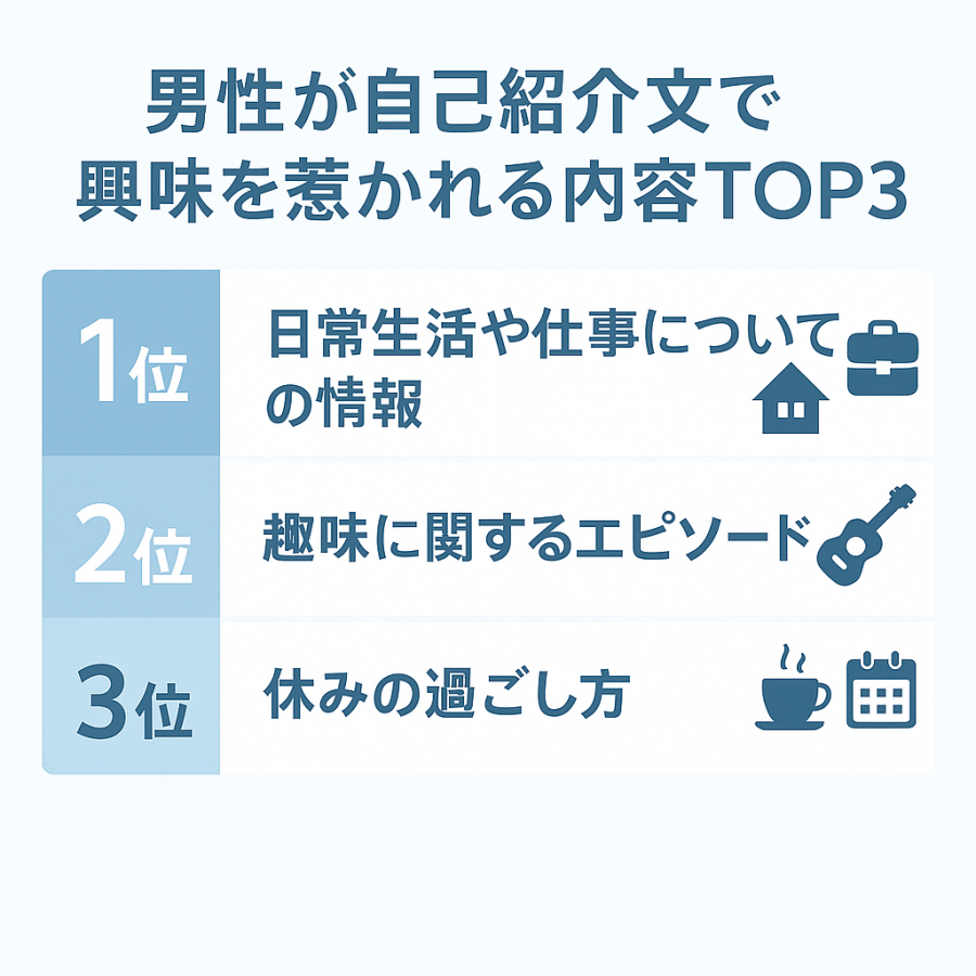 イメージイラスト 男性が自己紹介文で興味を惹かれる内容TOP3