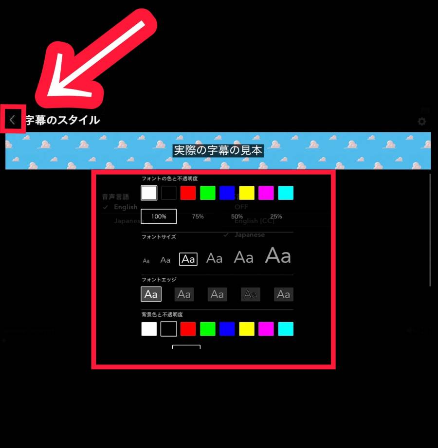 ディズニープラス（PCブラウザ版）の字幕スタイル変更画面