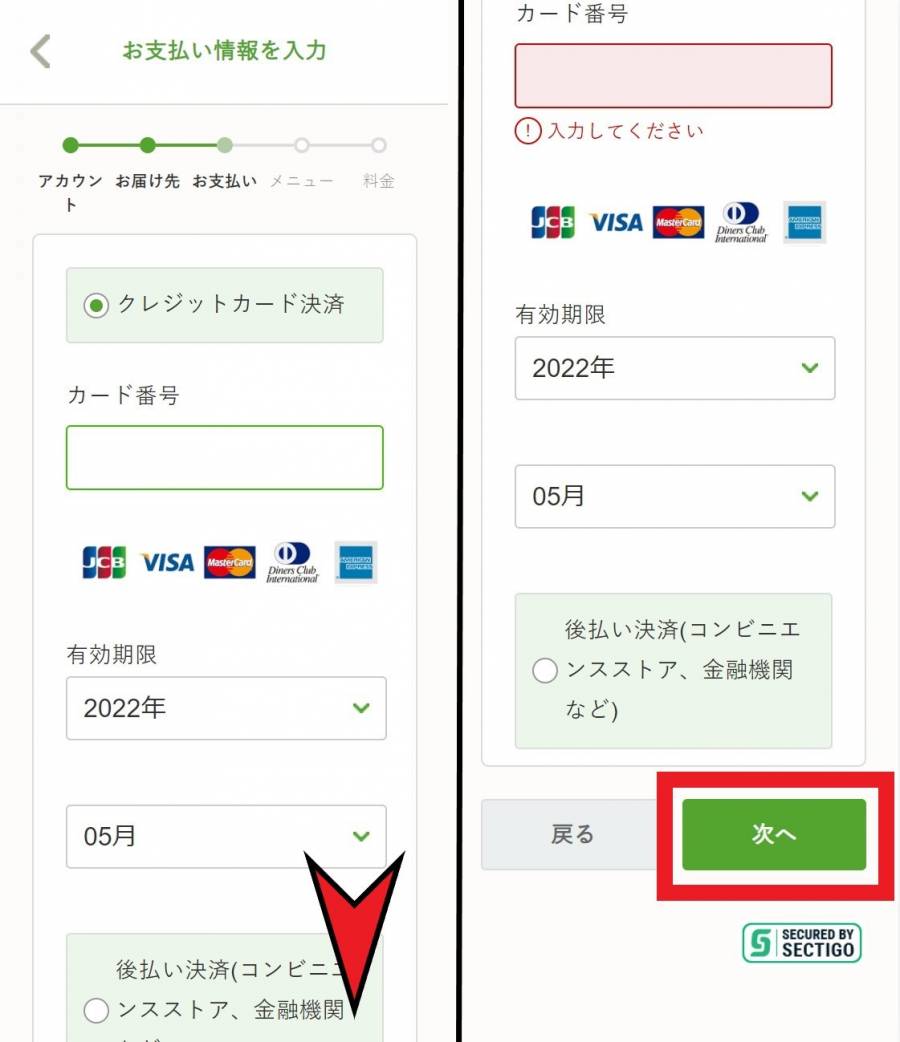 支払い情報の入力画面