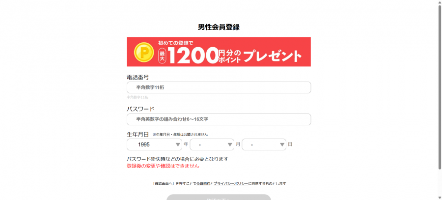 PC版『ハッピーメール』 電話番号・パスワード・生年月日設定画面