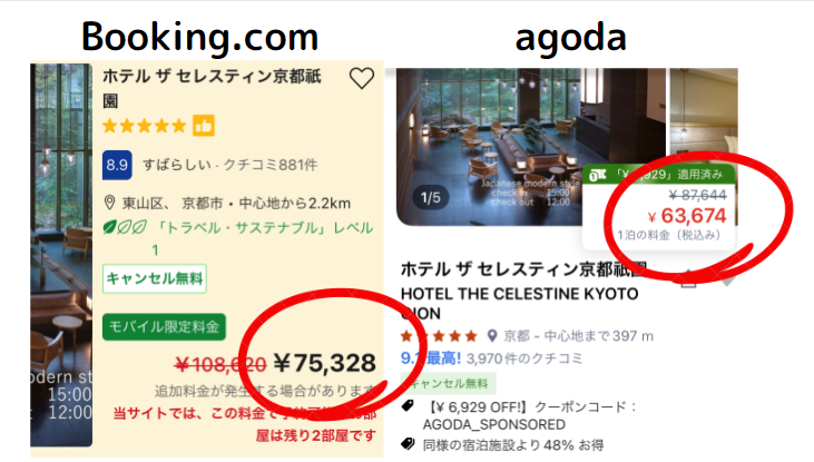 agodaとbooking.comの料金比較