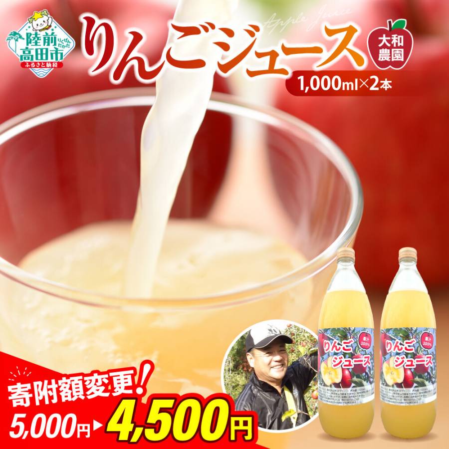 寄附金額引き下げ！ 大和農園 搾りたて りんごジュース 1,000ml × 2本