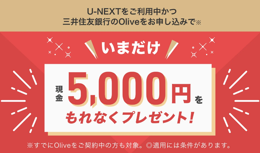 U-NEXT×三井住友銀行のOlive現金5000円キャンペーン画像