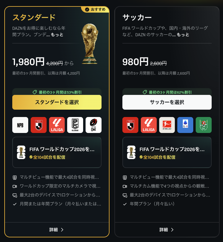 DAZNの料金プランページのスクリーンショット