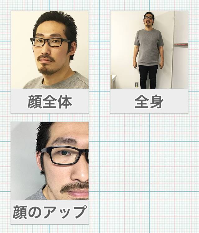 3種類のプロフ写真の比較。顔全体・全身・顔のアップ
