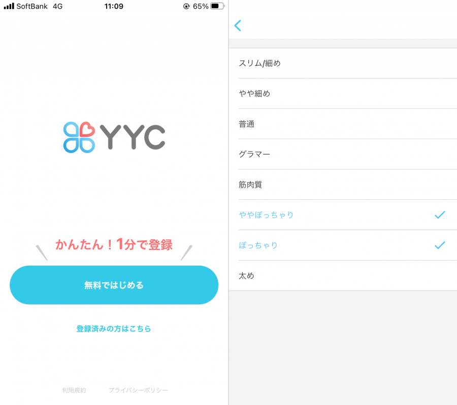 『YYC』のホームと体型検索画面